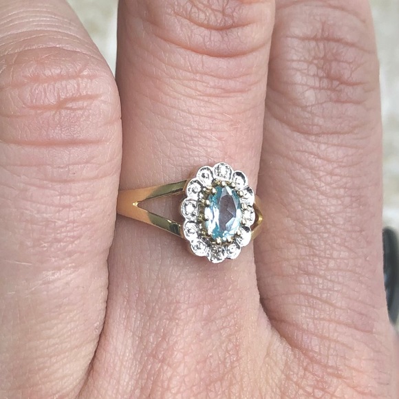 Sky Blue Topaz & Flower Diamond Halo Gold Ring - Picture 4 of 8